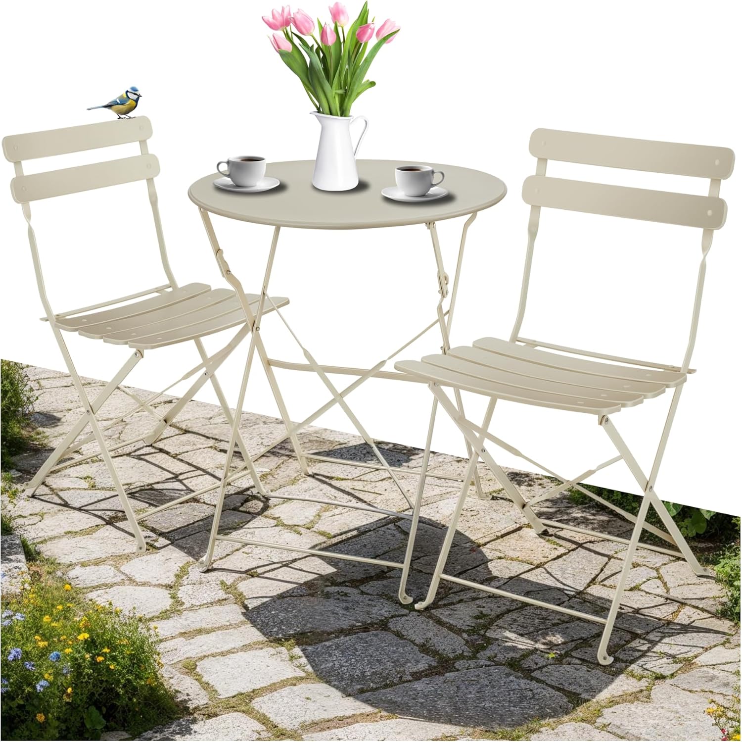 ® Ensemble Table Ronde et Chaises Pliantes Table de Bistrot Bar Salon de Jardin Exterieur 2 Personnes, Structure en Acier lâqué époxy, Mobilier de Jardin Amenagement Balcon Terrasse Jardin Crème