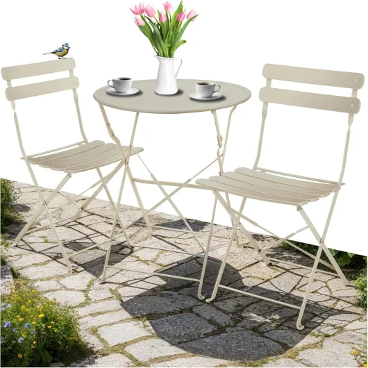 ® Ensemble Table Ronde et Chaises Pliantes Table de Bistrot Bar Salon de Jardin Exterieur 2 Personnes, Structure en Acier lâqué époxy, Mobilier de Jardin Amenagement Balcon Terrasse Jardin Crème