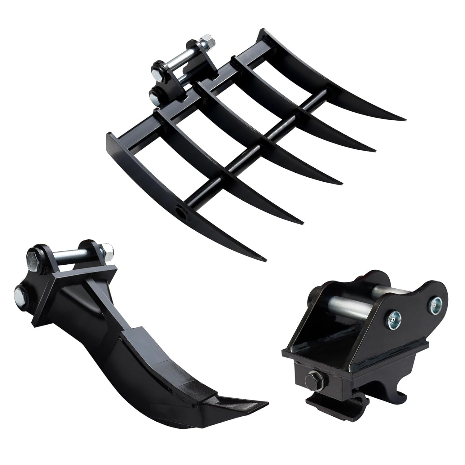 Ensemble de 3 équipements pour mini-pelles, raccord rapide pour pelle, rateau pour mini-pelle, dent de déchiqueteuse, kit d'outils polyvalent pour pelle, compatible avec les pelles de 0,8–1,8