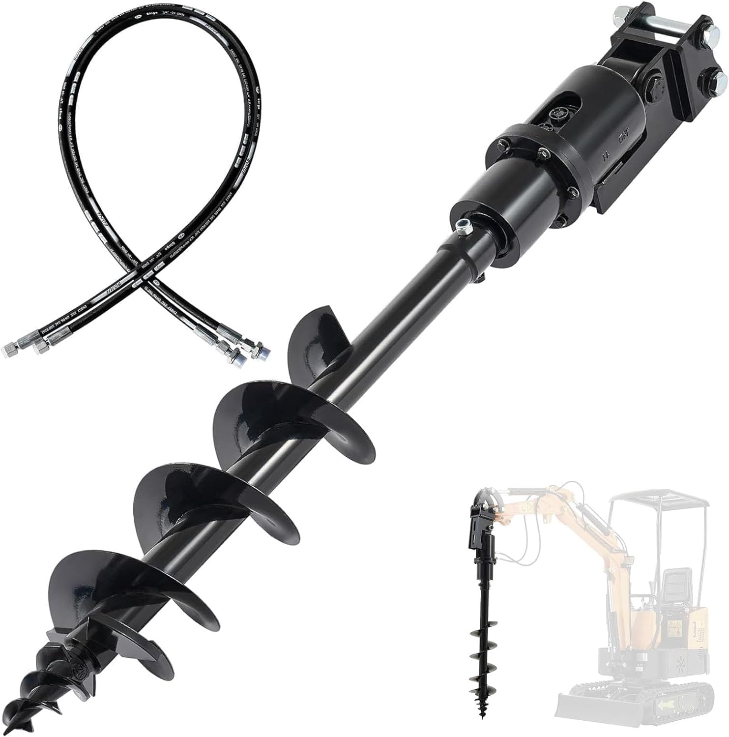 Tarière hydraulique pour Mini-Pelle 800-2000 kg, Accessoire de Forage Diamètre 20 cm, pour le Percement de Trous et la Pose de Piquets