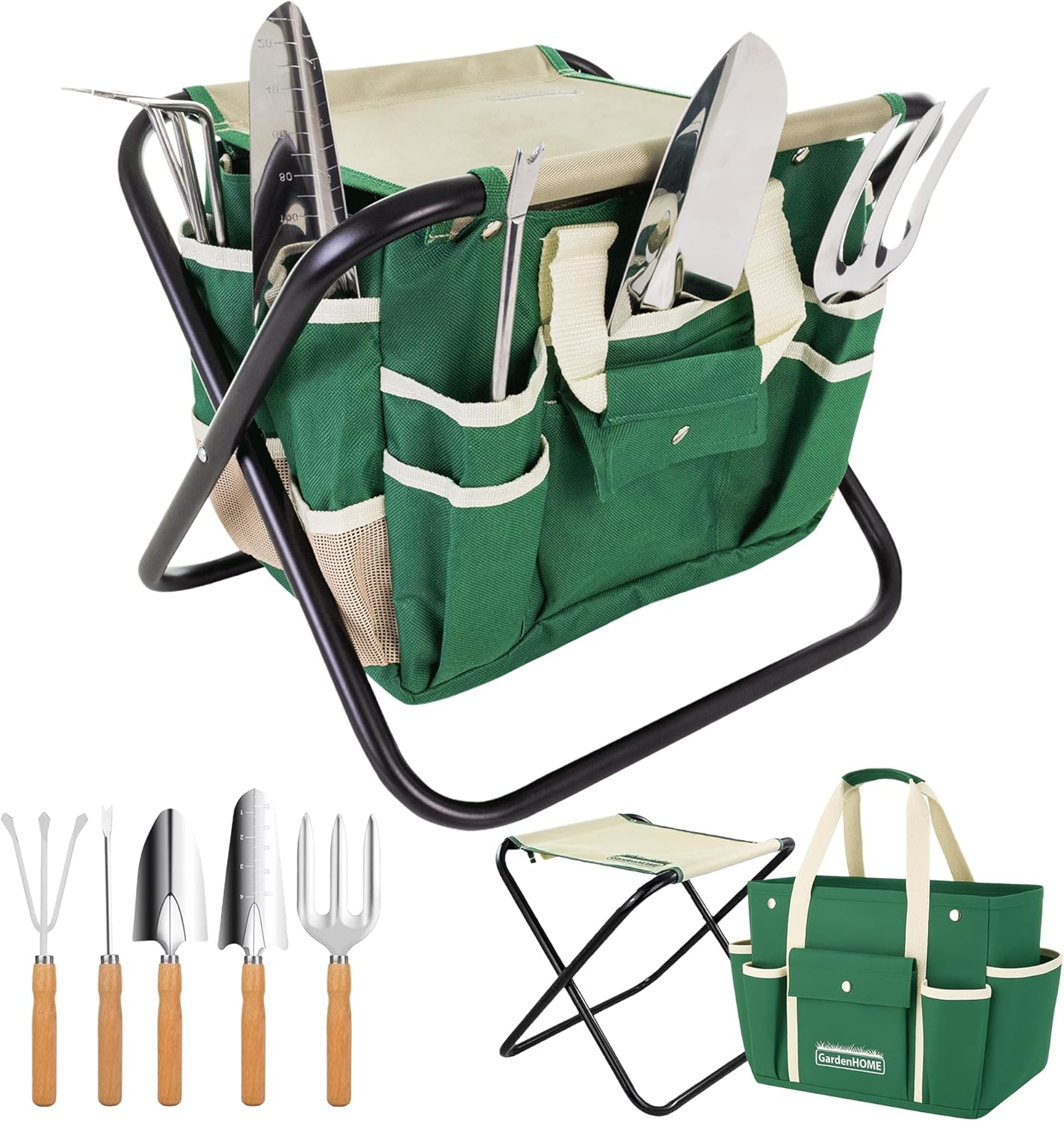 Kit Complet d'Outils de Jardinage - 7 Pièces, Acier Inoxydable Robuste, Tabouret Pliant Solide, Sac à Outils Détachable Vert