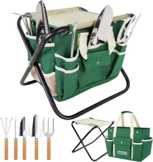 Kit Complet d'Outils de Jardinage - 7 Pièces, Acier Inoxydable Robuste, Tabouret Pliant Solide, Sac à Outils Détachable Vert