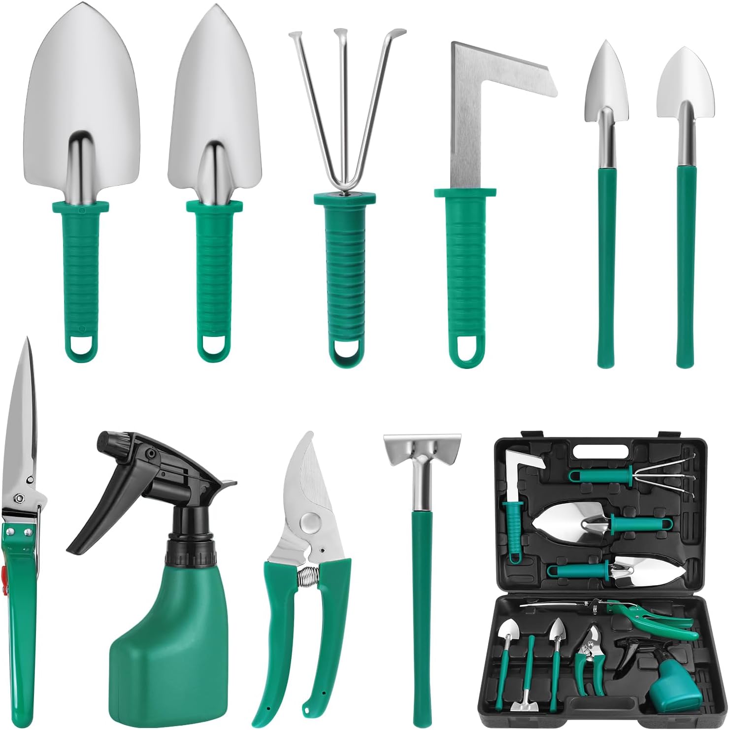 Kit de Jardinage, 10 Pièces en Acier Inoxydable Outils de Jardinage avec Boîte de Rangement，Truelle, Râteau, et Pulvérisateur(Vert)