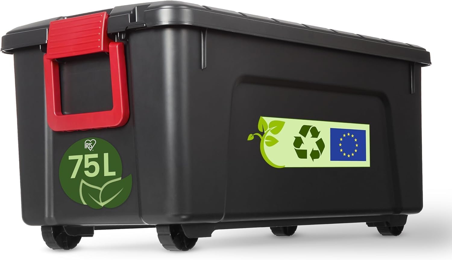 , Malle, Boîte de rangement plastique, avec Couvercle et Clips de fermeture, 75L, A l'unité, Empilable, Roues, Sans BPA, Grenier, Cabanon, Garage, SIA-75, Noir 75L / Unité