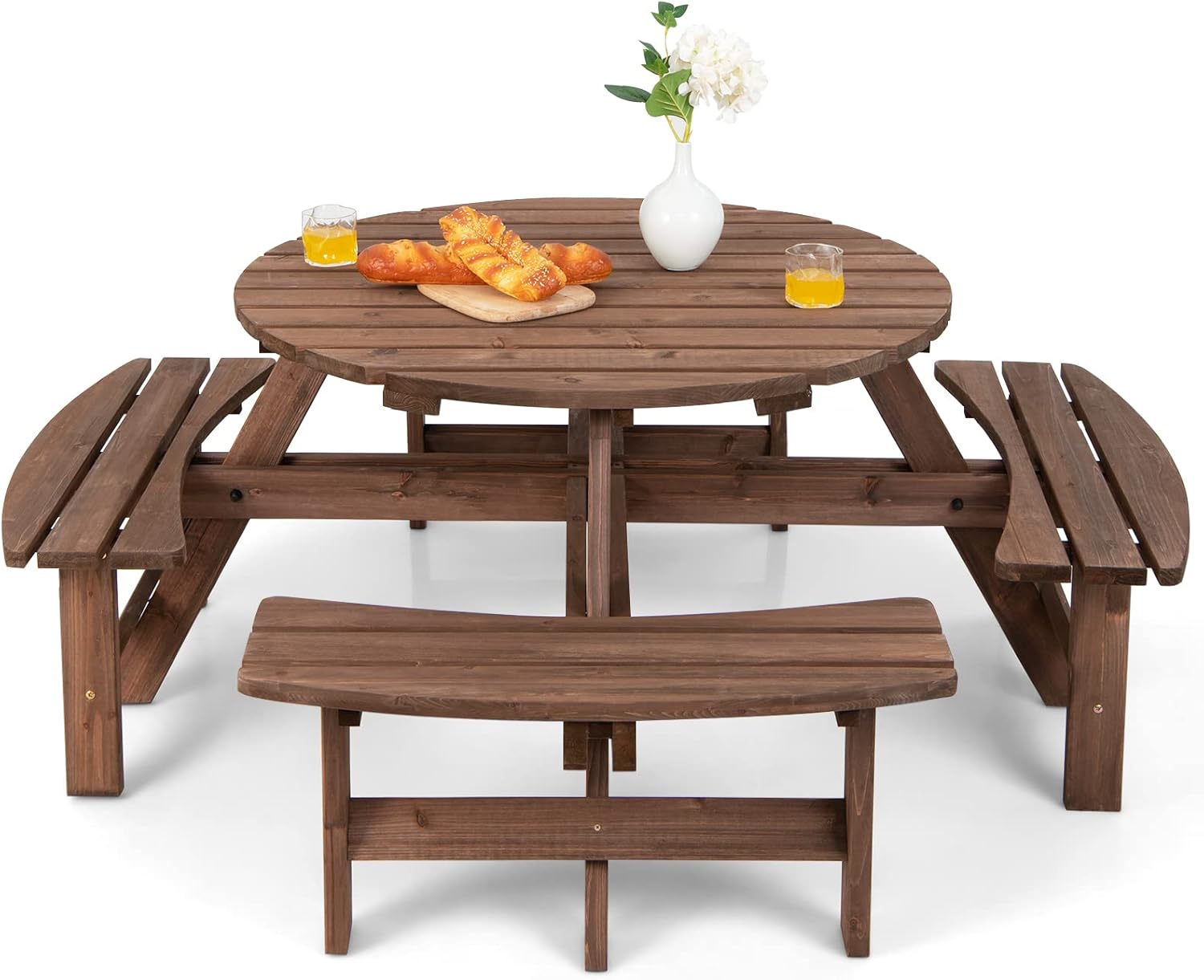 Ensemble Table de Pique-Nique en Bois avec Trou de Parasol, Set Table et Banc Jardin Résistant aux Intempéries Chaque Banc Charge 225 KG pour 8 Personnes, pour Patio Pelouse Marron 178 x 178 x 70 cm