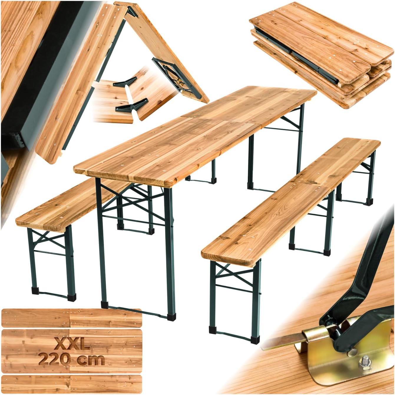 ® Ensemble de Table de Jardin et Banc en Bois de Brasserie Salon de Jardin Pliable et Peu encombrant, avec Support Parasol, Mobilier de Jardin pour Pique Nique Réceptions Barbecue Mariage Table 220 x 50,5 x 77,5 cm Ensemble de Brasserie Pliable