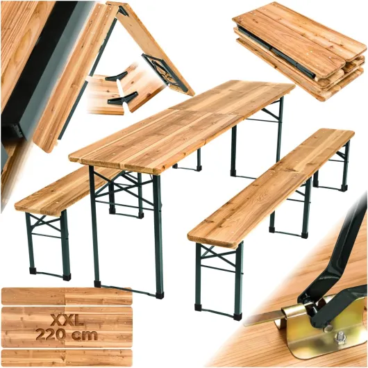 ® Ensemble de Table de Jardin et Banc en Bois de Brasserie Salon de Jardin Pliable et Peu encombrant, avec Support Parasol, Mobilier de Jardin pour Pique Nique Réceptions Barbecue Mariage Table 220 x 50,5 x 77,5 cm Ensemble de Brasserie Pliable