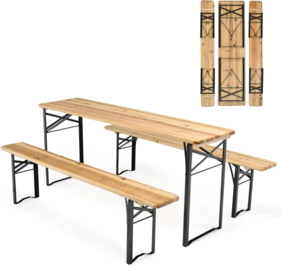 Ensemble de Table et Bancs de Camping Pliable, Table de Pique-Nique en Bois avec Cadre et Pieds en Fer Robuste, Convient pour Terrasse, Barbecue et Fête de Jardin, Charge 300KG
