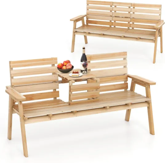 Banc de Jardin en Bois Massif, Banc Extérieur à 2/3 Places avec Table Centrale Pliable, Siège à Lattes pour Parc, Porche, Cour, Charge 320 KG, 160 x 64 x 86 CM (Naturel)
