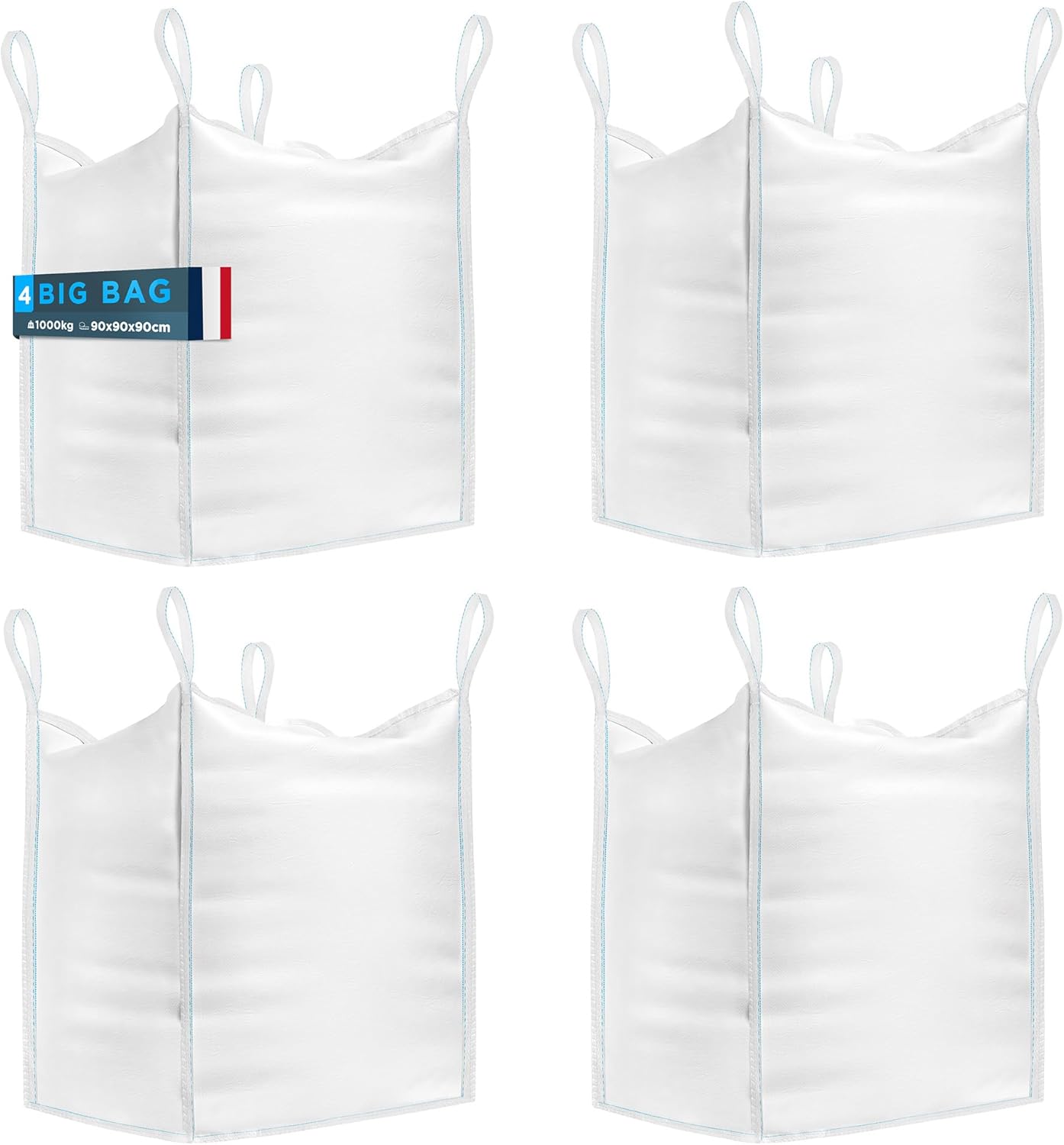 Big Bag (4 UNITÉS) de 1000kg - Sac a Gravats 90x90x90 cm - Big Bag Jardin Résistant et Réutilisable - Big Bag Gravat parfait pour Chantiers, Jardin, Sable, Déchets et le Bois Pack 4