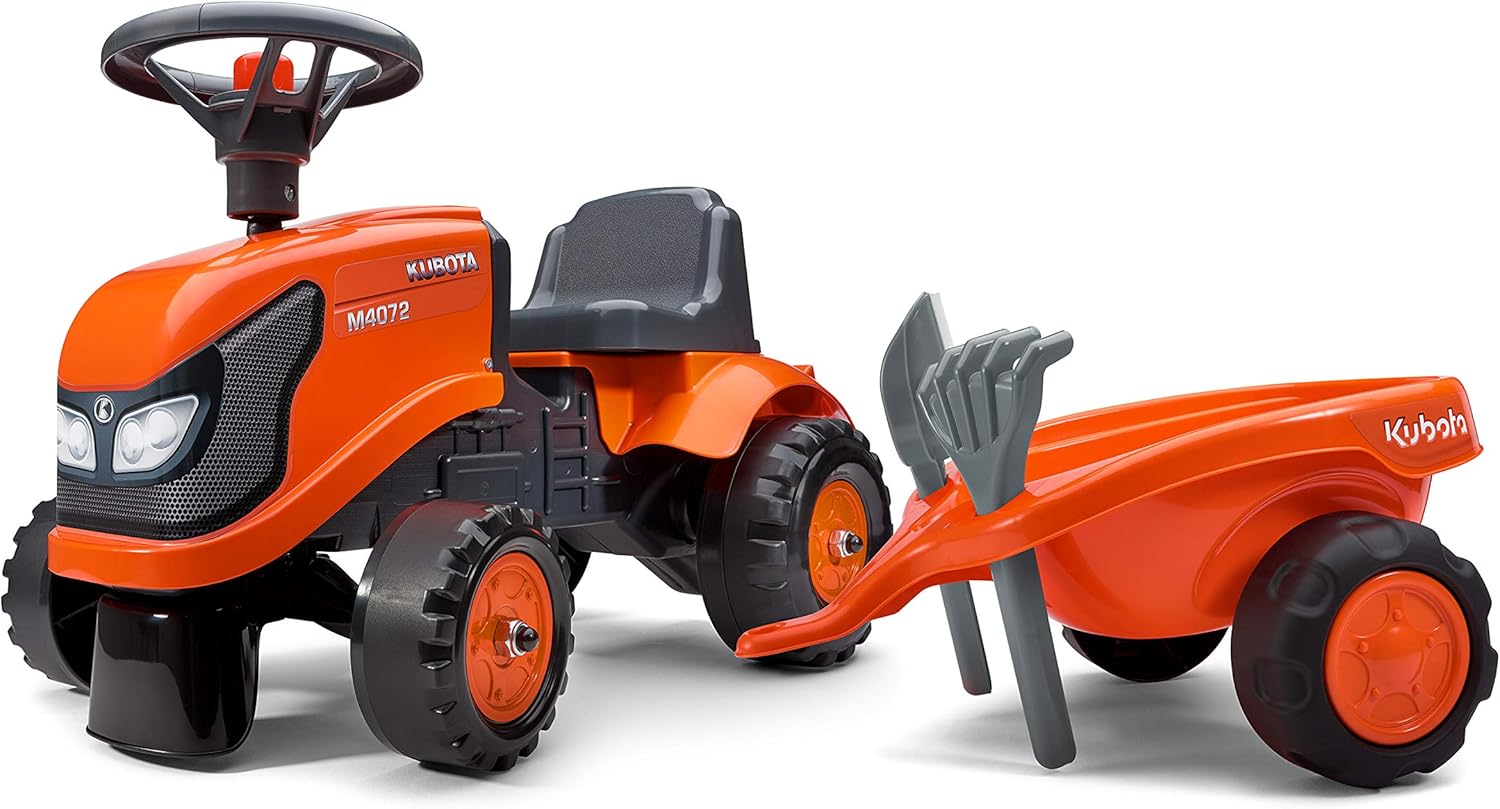Porteur tracteur Kubota avec remorque - Dès 12 mois - Fabriqué en France - pelle et râteau inclus - 2 styles de personnalisation - Plaque d'immatriculation personnalisable - 260C