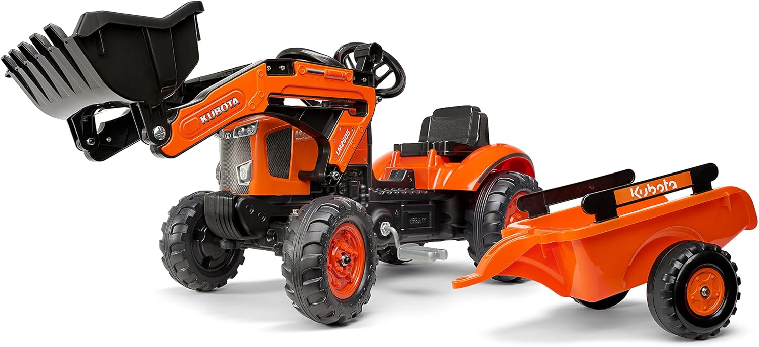 Tractopelle à pédales Kubota avec et remorque - Dès 2 ans - Fabriqué en France - Pelle frontale articulée - volant directionnel avec klaxon - 2065AM, Orange