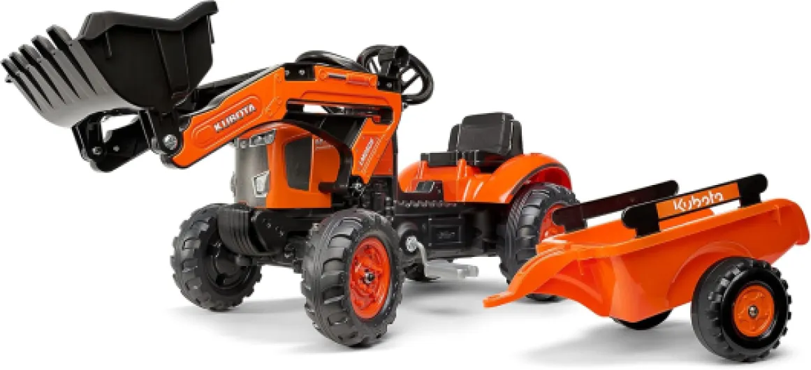 Tractopelle à pédales Kubota avec et remorque - Dès 2 ans - Fabriqué en France - Pelle frontale articulée - volant directionnel avec klaxon - 2065AM, Orange
