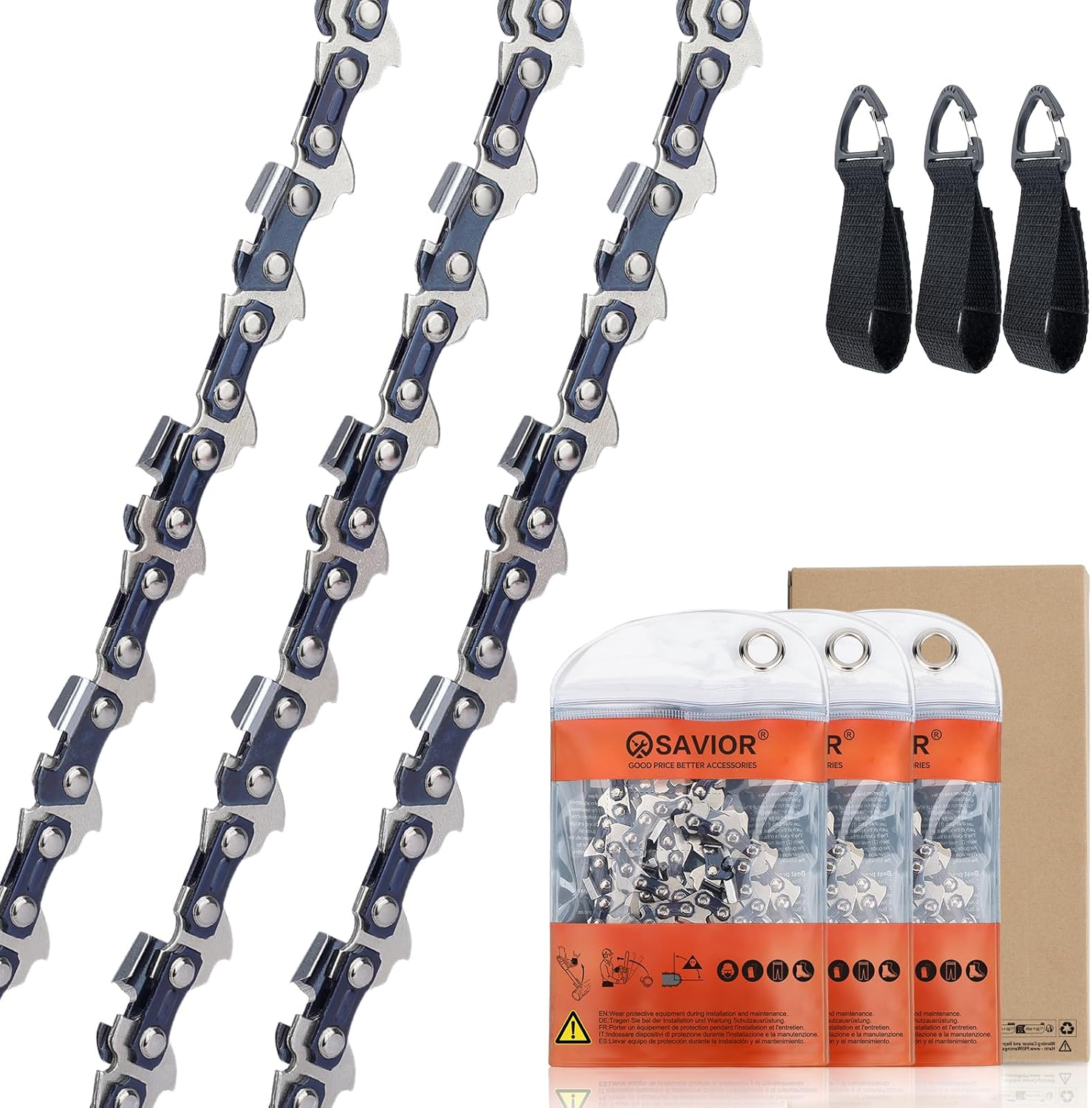 Lot de 3 Chaînes de Tronçonneuse Faible Rebond 3/8"LP 45 maillons 1,3 mm 30 cm Compatible avec Husqvarna, Echo, McCulloch et autres 3/8"LP 0.050" 45TG 12" X3