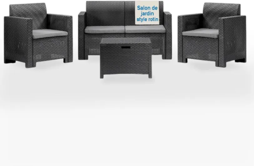 Salon de jardin extérieur de style rotin - Ensemble de salon d'extérieur en polypropylène imperméable et hydrofuge - Salon de jardin noir