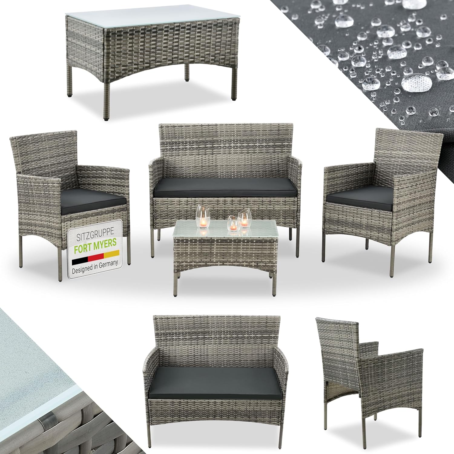 Ensemble de Meubles en polyrotin Fort Myers 4 Personnes avec canapé 2 Places, 2 chaises, Coussins de Table et de siège, Couvertures Gris chiné et Gris foncé, Milieu