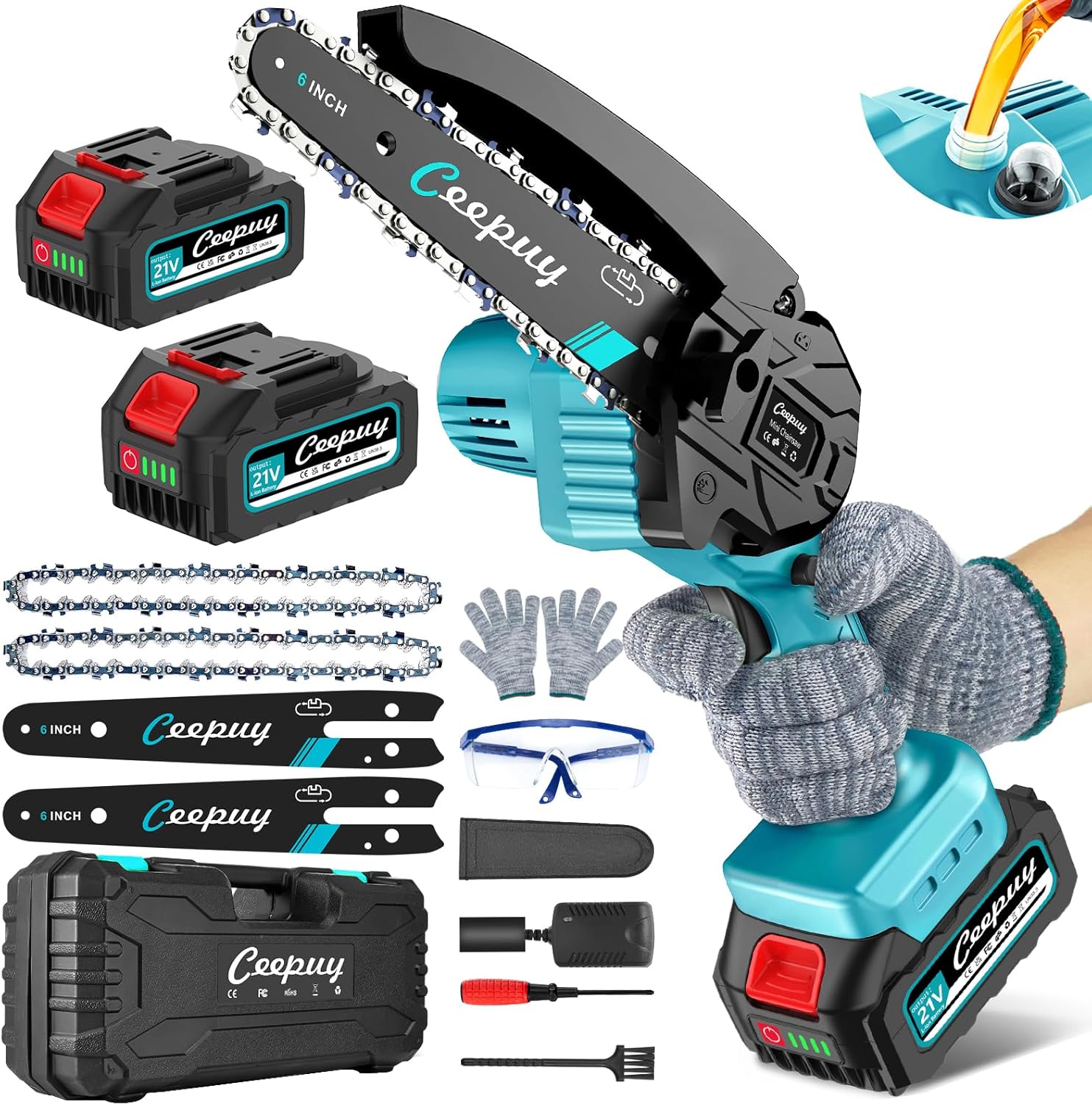 Mini Tronçonneuse à Batterie 2x5000 mAh, 6 Pouces Tronçonneuse Électrique Sans Fil Avec Injecteur d'Huile et Chaîne de Rechange, Convient Pour l'Élagage Des Arbres de Jardin (880W) Bleu - 6 pouces