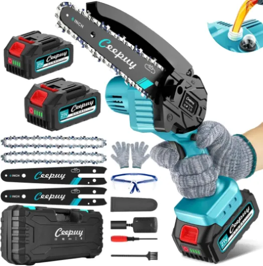 Mini Tronçonneuse à Batterie 2x5000 mAh, 6 Pouces Tronçonneuse Électrique Sans Fil Avec Injecteur d'Huile et Chaîne de Rechange, Convient Pour l'Élagage Des Arbres de Jardin (880W) Bleu - 6 pouces