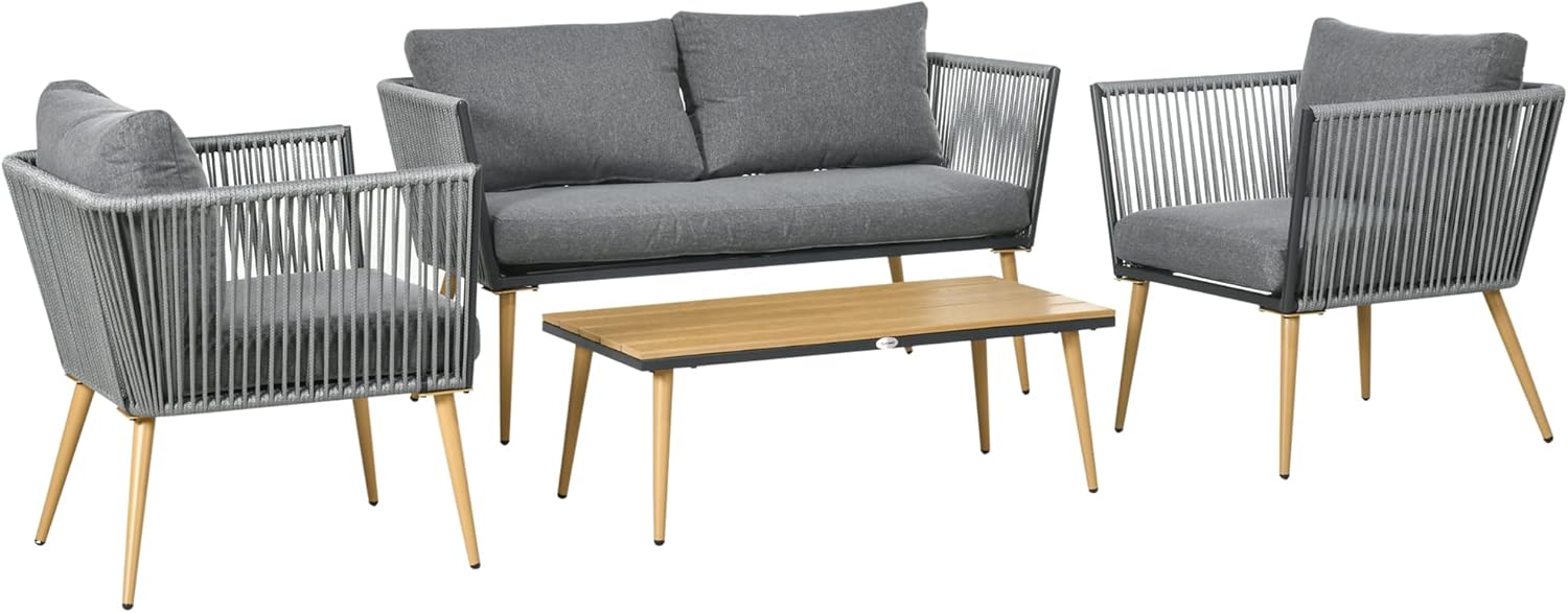 Salon de Jardin en résine tressée 4 Places avec 1 canapé 2 fauteuils et 1 Table Basse 7 Coussins Inclus Gris