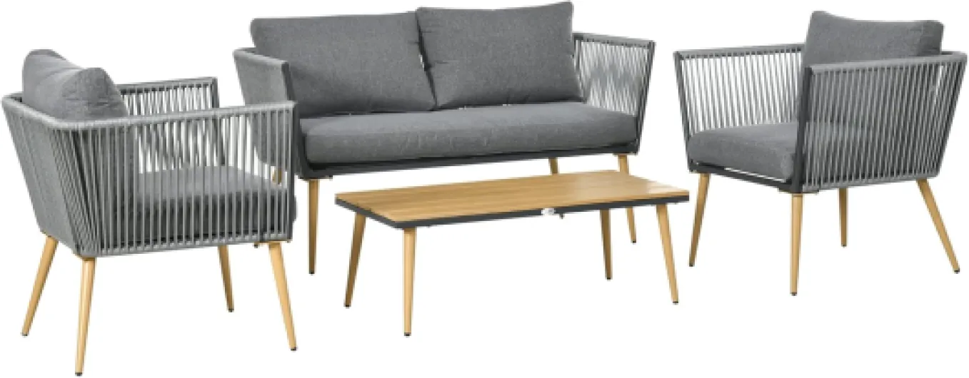 Salon de Jardin en résine tressée 4 Places avec 1 canapé 2 fauteuils et 1 Table Basse 7 Coussins Inclus Gris