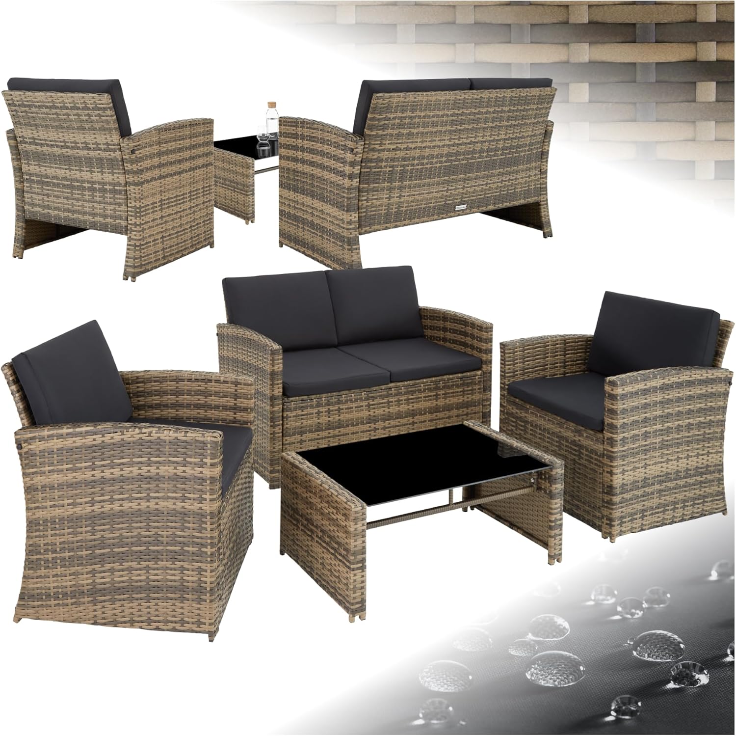 ® Salon de Jardin Exterieur en Résine ressée 4 Places Table de Jardin, 1 Canapé, 2 Fauteuils, Coussins Inclus, Mobilier de Jardin - Marron Naturel/Gris foncé