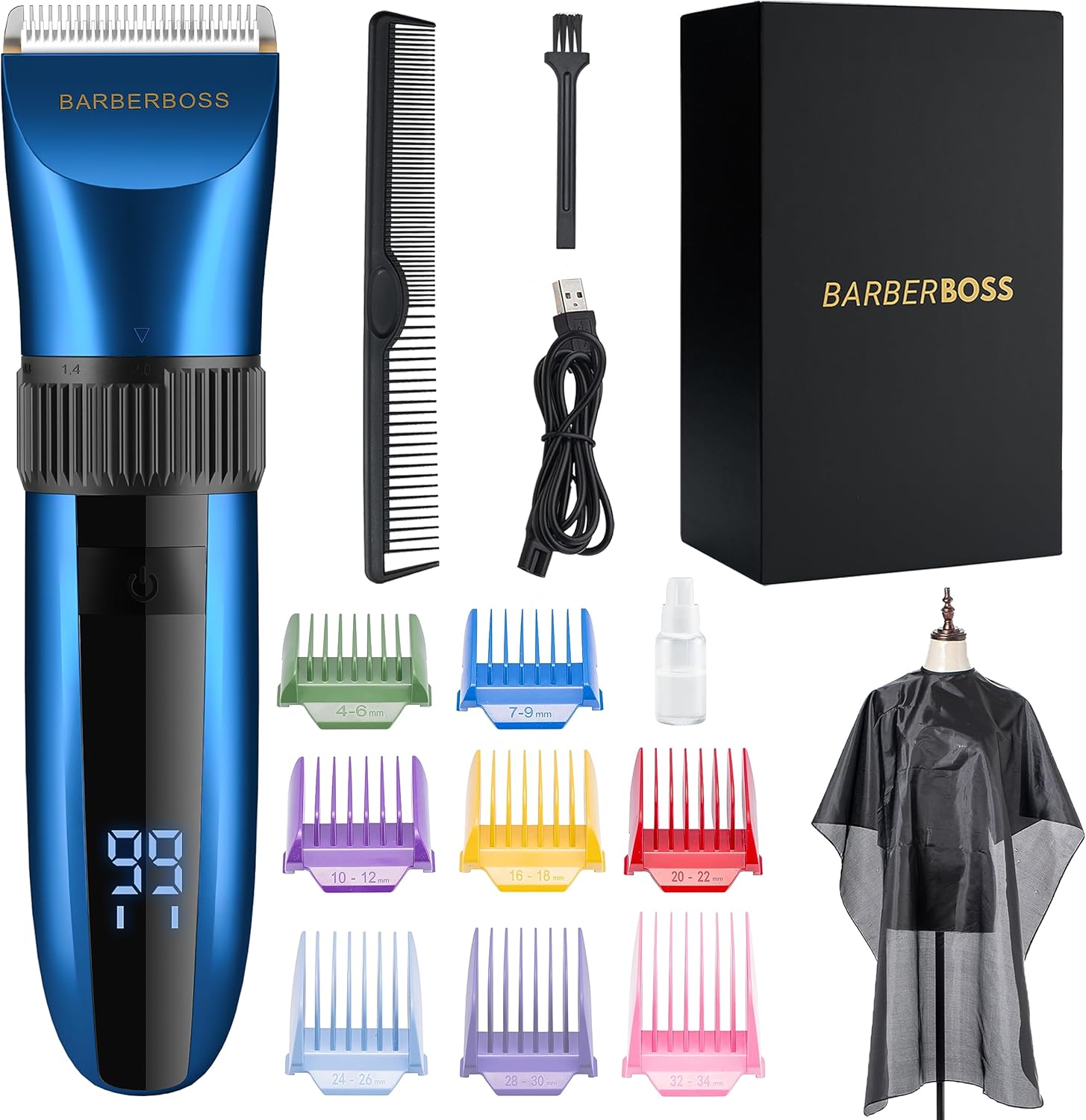 Tondeuse à barbe et à cheveux sans fil – Étanche avec lames en céramique, écran LED, charge rapide et peignes 8 couleurs QR-2082