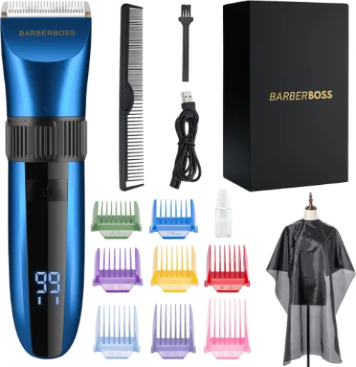 Tondeuse à barbe et à cheveux sans fil – Étanche avec lames en céramique, écran LED, charge rapide et peignes 8 couleurs QR-2082
