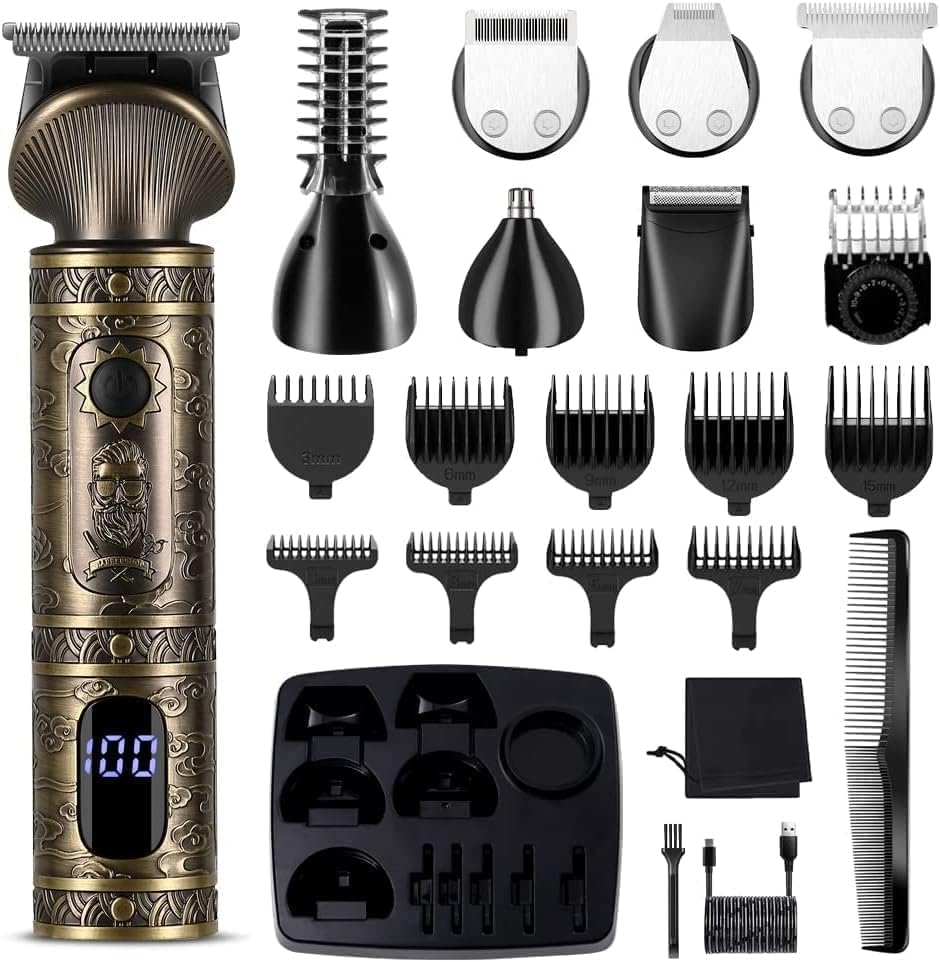 Surker Tondeuse Barbe Homme Tondeuse Cheveux Professionnelle Avec Lame en T de Coupe de Cheveux Chauve 0 mm Rasoir électrique Tondeuse Corps de Précision pour Nez 7 en 1 Bronze