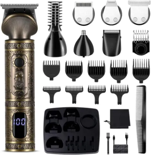 Surker Tondeuse Barbe Homme Tondeuse Cheveux Professionnelle Avec Lame en T de Coupe de Cheveux Chauve 0 mm Rasoir électrique Tondeuse Corps de Précision pour Nez 7 en 1 Bronze
