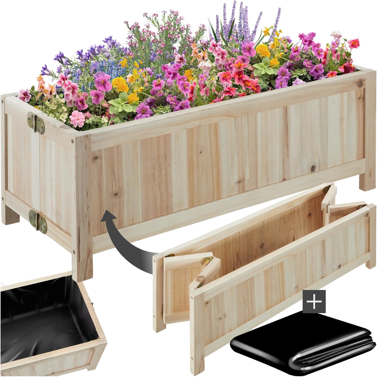 ® Lit de Jardin Carré Potager de Jardin surélevé, Bac à semis Jardiniere Pliable en Bois de Sapin, Bâche d'étanchéité Aménagement Serre de Jardin Jardiniere Exterieur Grande Taille 70x30x25 cm Modèle Blomster