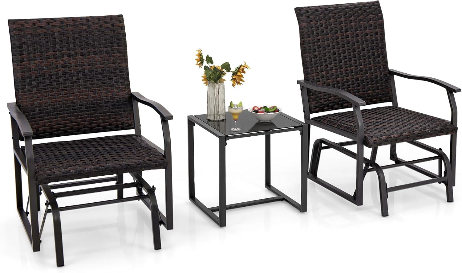 Ensemble de Meubles 3 Pièces de Patio Coulissants Charge 180KG, Salon de Jardin 2 Fauteuils en Rotin avec Mousse à Séchage Rapide Table Basse en Verre Trempé, Marron