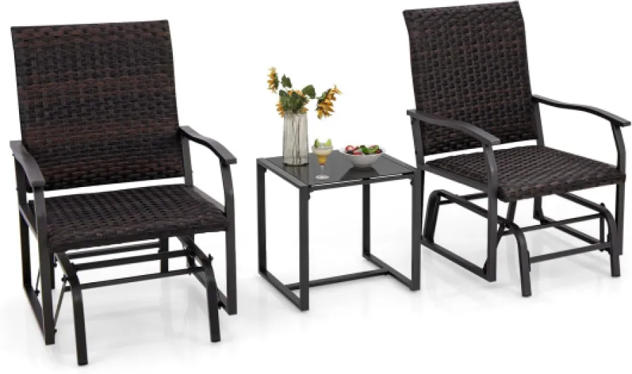 Ensemble de Meubles 3 Pièces de Patio Coulissants Charge 180KG, Salon de Jardin 2 Fauteuils en Rotin avec Mousse à Séchage Rapide Table Basse en Verre Trempé, Marron