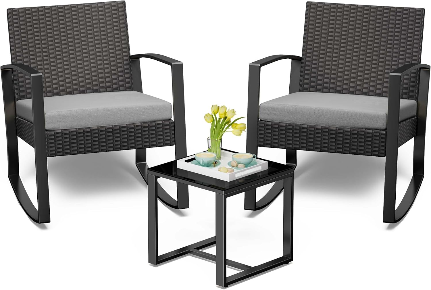Ensemble Salon de Jardin 3 pièces avec 2 Fauteuils à Bascule et Table Basse – Chaises en Poly Rotin avec Coussins Mobilier de Jardin pour Amenagement Balcon Terrasse - Gris