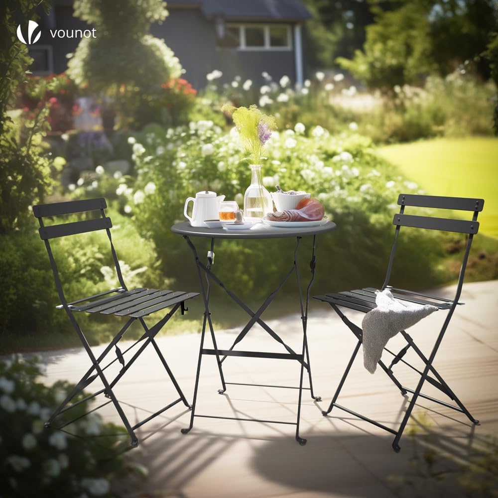 ® Set de Bistro Ensemble de Mobilier d'Extérieur de 3 pièces avec Table et 2 Chaises Pliantes en Acier pour Balcon Terrasse et Jardin Gris