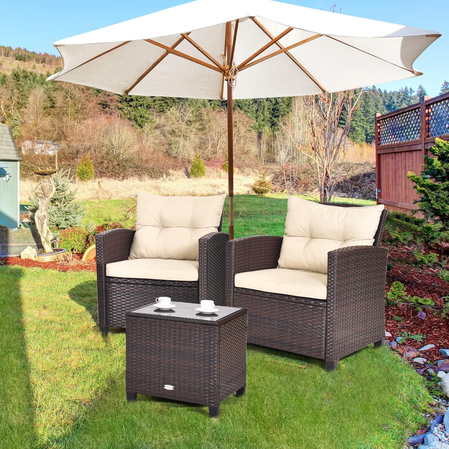 Salon de Jardin 2 Personnes en Rotin, Mobilier Jardin avec 2 Fauteuils, Coussins Amovibles, Table Basse Plateau en Verre Trempé, pour Balcon, Cour, Marron + Beige