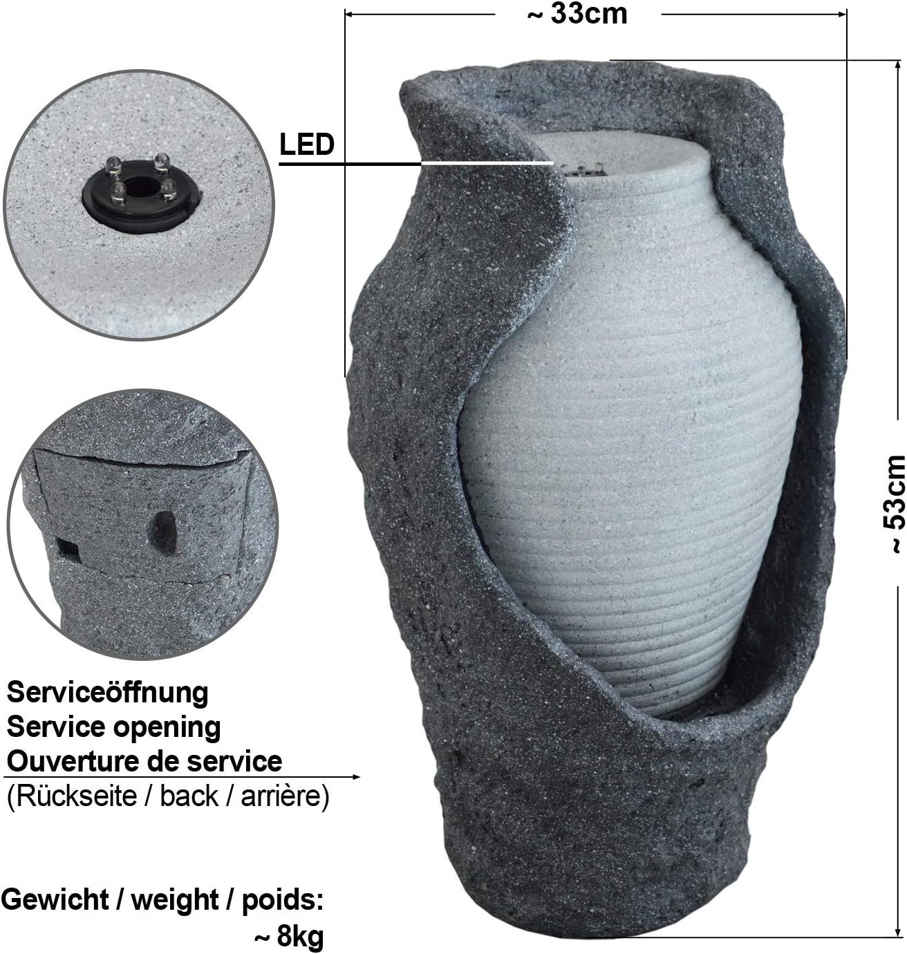 AMUR Fontaine de Jardin Amphore Venus avec Lumière LED 230 V pour Sublimer Votre Terrasse, Salon, Balcon 53 cm 230 V - Fontaine de Jardin Amphore Venus avec Lumière Led