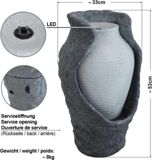 AMUR Fontaine de Jardin Amphore Venus avec Lumière LED 230 V pour Sublimer Votre Terrasse, Salon, Balcon 53 cm 230 V - Fontaine de Jardin Amphore Venus avec Lumière Led