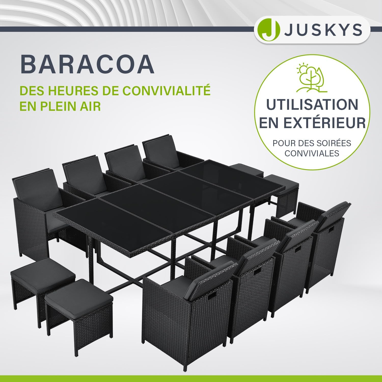 Groupe de sièges en polyrotin Baracoa XXL 13 pièces résistant aux intempéries et empilable - Ensemble de mobilier de Jardin avec 8 chaises, 4 tabourets et Table - Noir, 12 Personnes