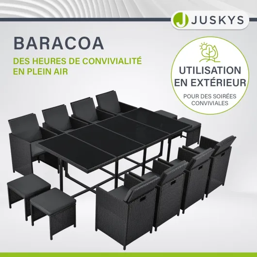 Groupe de sièges en polyrotin Baracoa XXL 13 pièces résistant aux intempéries et empilable - Ensemble de mobilier de Jardin avec 8 chaises, 4 tabourets et Table - Noir, 12 Personnes