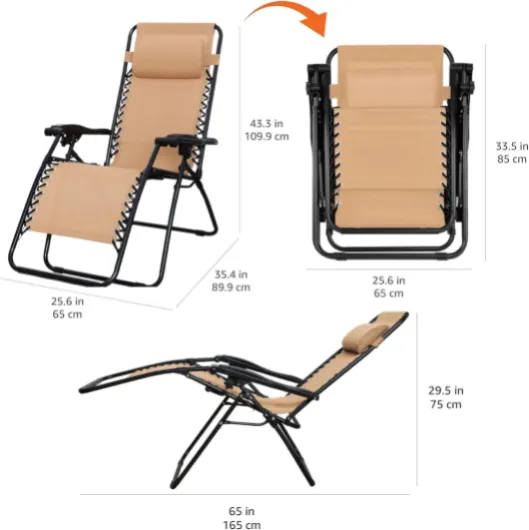 Chaise de camping pliable zéro gravité, 90 x 65 x 110 cm, Beige Beige Single