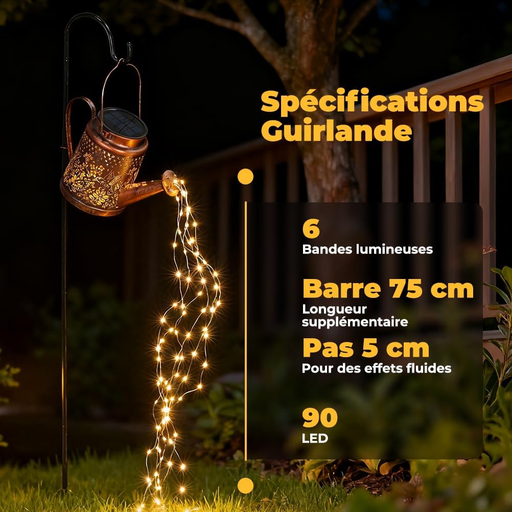 Lampe Solaire Jardin Exterieur Arrosoir Comprenant 6 Guirlande Lumineuse Cascade avec 90 LED, Motifs Colibris et Floraux, Lanterne Lumiere Solaire IP44 Étanche, Decoration Cour Halloween Noël