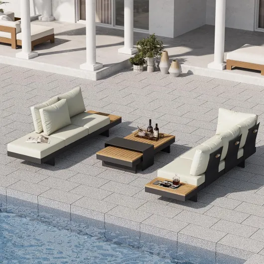 Salon de Jardin Exterieur 6 Personnes, Aluminum et Teak Outdoor Sofa Set Réglable avec Coussins Imperméables, Idéal pour Patios et Balcons (Beige, Ensemble de canapé) Beige Ensemble de canapé