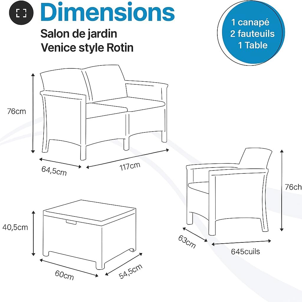 Salon de jardin extérieur de style rotin - Ensemble de salon d'extérieur en polypropylène imperméable et hydrofuge - Salon de jardin noir