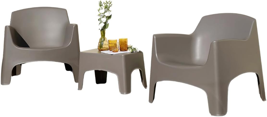 Salon de jardin Ibiza- Ensemble d'extérieur 2 fauteuils empilables avec accoudoirs et table basse en plastique - Salon pour balcon, terrasse et jardin (Taupe )