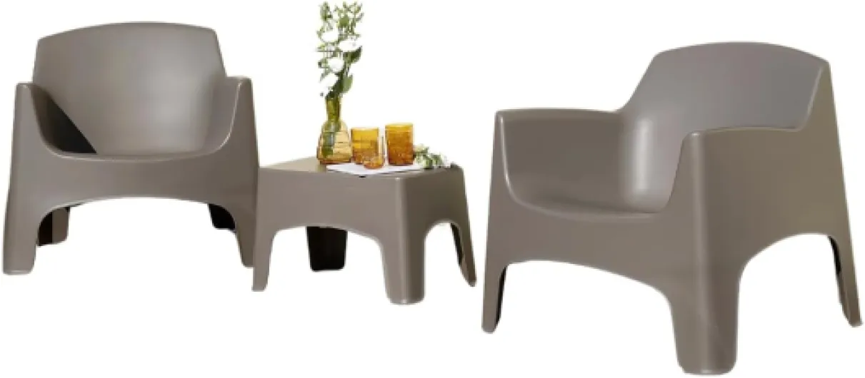 Salon de jardin Ibiza- Ensemble d'extérieur 2 fauteuils empilables avec accoudoirs et table basse en plastique - Salon pour balcon, terrasse et jardin (Taupe )