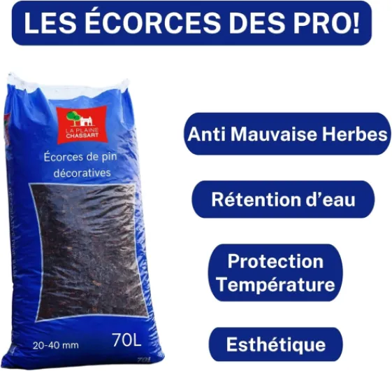 Ecorces de Pin Maritime Décoratives - Sac de 70L - Previent la pousse des mauvaises herbes - Copeaux de Bois de Paillage - Biodegradable Í Parc, Jardin et Terrasse Í Jardinage