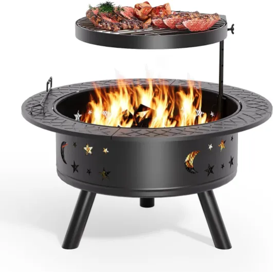 Brasero de Ø89 cm avec grille et tisonnier, braseros de jardin, feu multifonctionnel avec tisonnier pour le jardin, chauffage, terrasse, feu de camp et camping, Noir