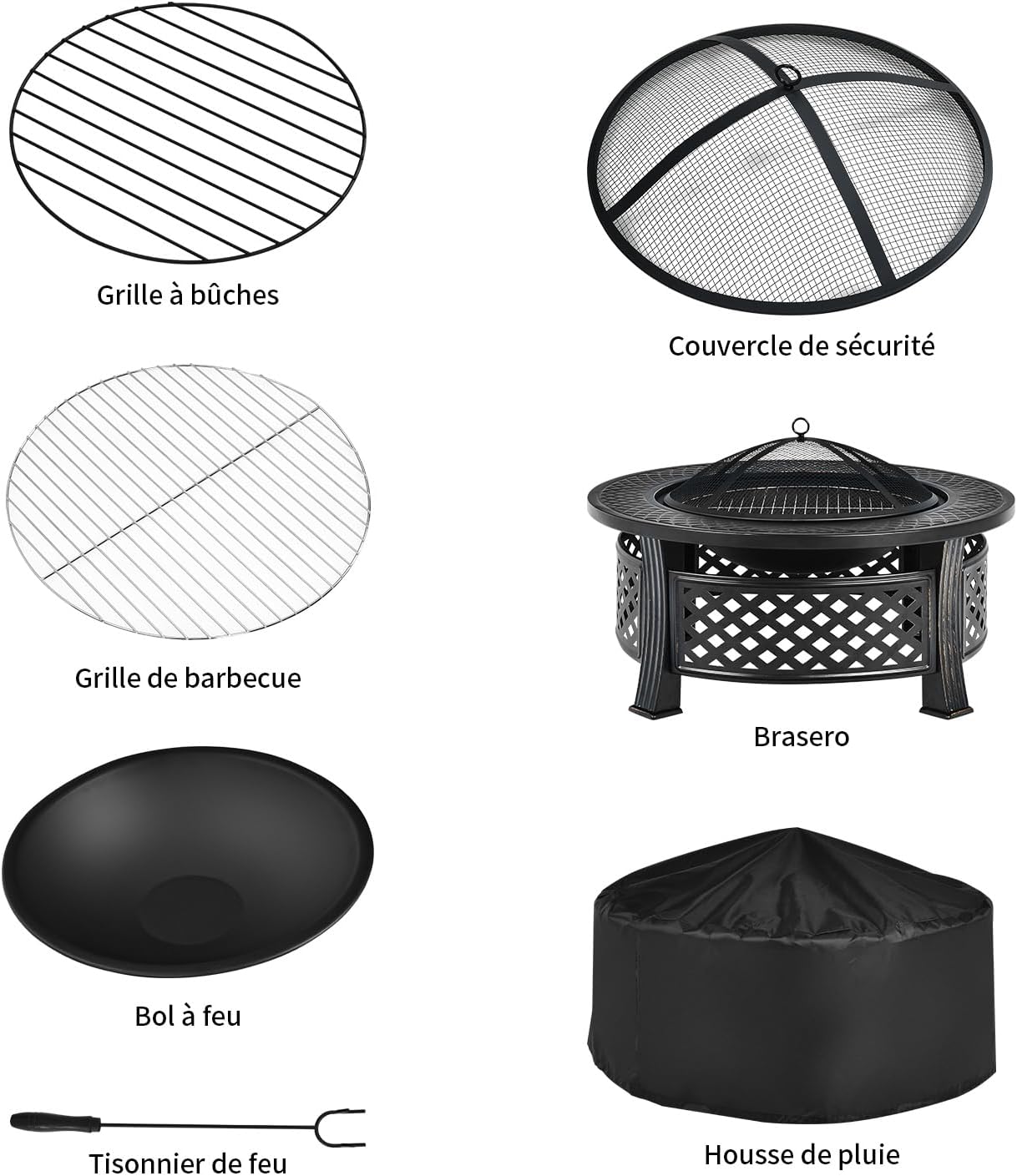 Brasero en Métal 3 en 1, Foyer Feu Extérieur avec Pare-étincelles, Grille de Barbecue, Tisonnier, Housse de Pluie, Résistant à la Chaleur, pour Jardin, Terrasse, Camping, Pique-Nique 81x81x50cm-Rond Noir