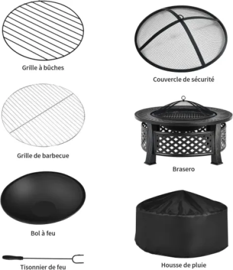 Brasero en Métal 3 en 1, Foyer Feu Extérieur avec Pare-étincelles, Grille de Barbecue, Tisonnier, Housse de Pluie, Résistant à la Chaleur, pour Jardin, Terrasse, Camping, Pique-Nique 81x81x50cm-Rond Noir