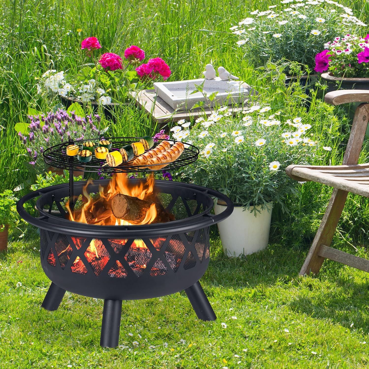 Brasero avec Grillage, avec Protection étincelles & tisonnier, terrasse, D 75 cm, Jardin et terrasse, Noir